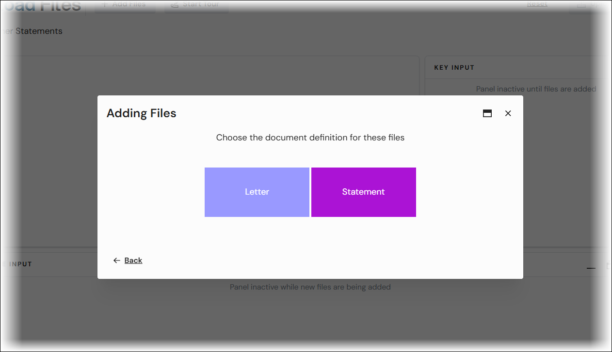 The Adding Files popup window that asks the user to select the document definition for the selected files
